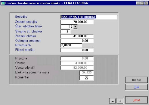 Primer obrestna mera pri obročnem odplačilu ali plačilu na čeke - polog