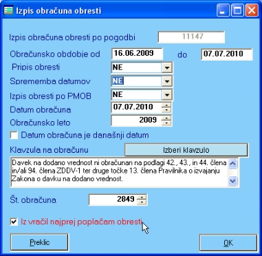 Obračun zamudnih obresti za neplačane račune